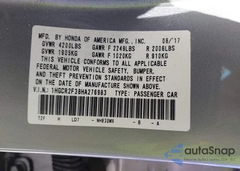 2017 Honda Accord Lx из США, поврежденный, VIN 1HGCR2F38HA276983